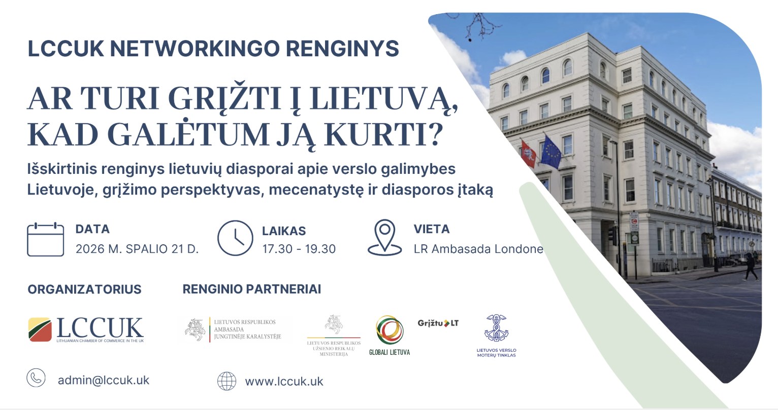 Renginio plakatas: „LCCUK networkingo renginys. Ar turi grįžti į Lietuvą, kad galėtum ją kurti?“, 2026 m. spalio 21 d., 17.30–19.30 val., LR ambasada Londone