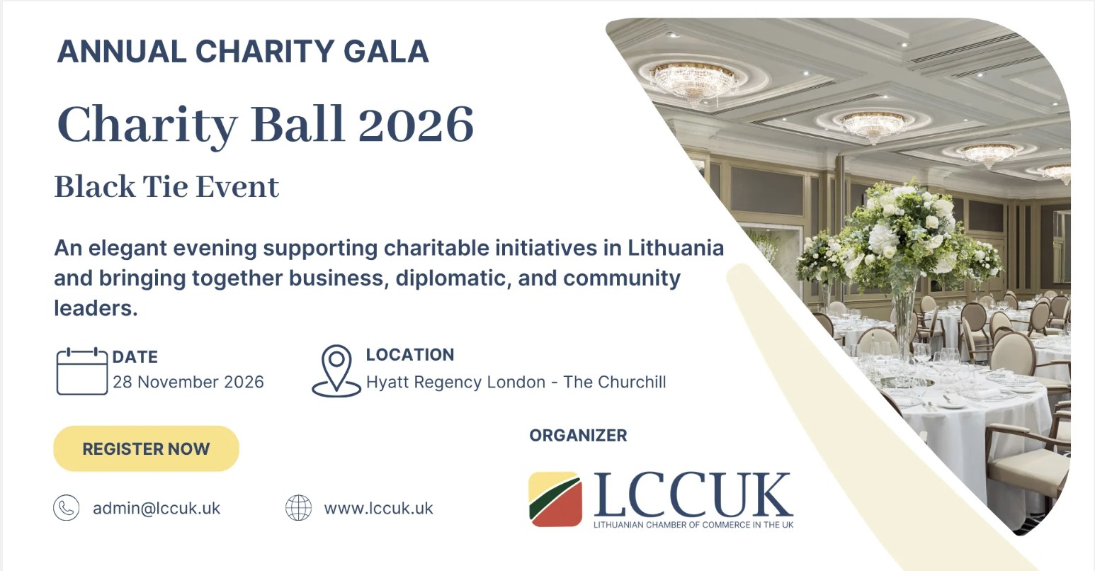 Renginio plakatas: „Annual Charity Gala. Charity Ball 2026. Black Tie Event“, 2026 m. lapkričio 28 d., Hyatt Regency London – The Churchill, organizatorius LCCUK