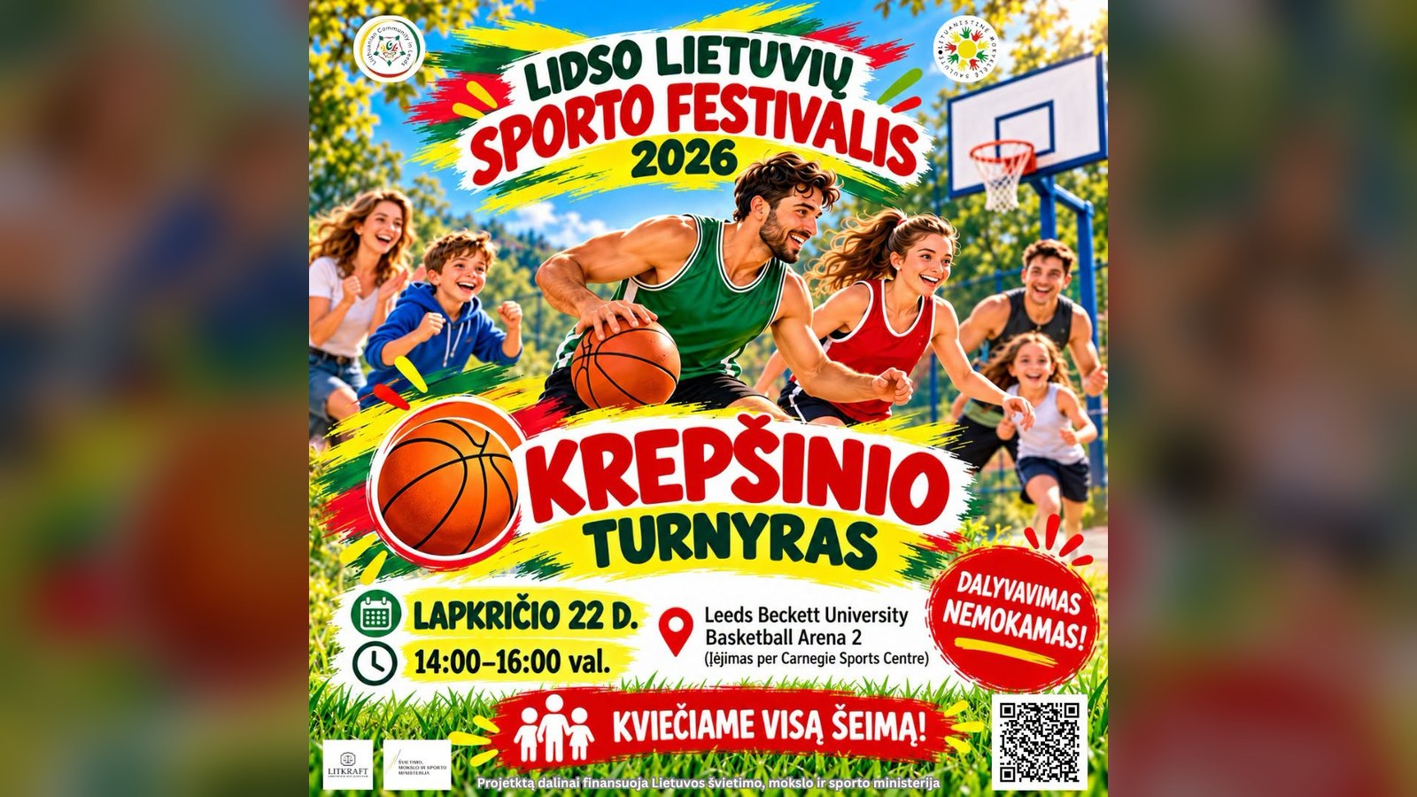 Lidso lietuvių sporto festivalio 2026 plakatas su krepšininkais ir vaikais