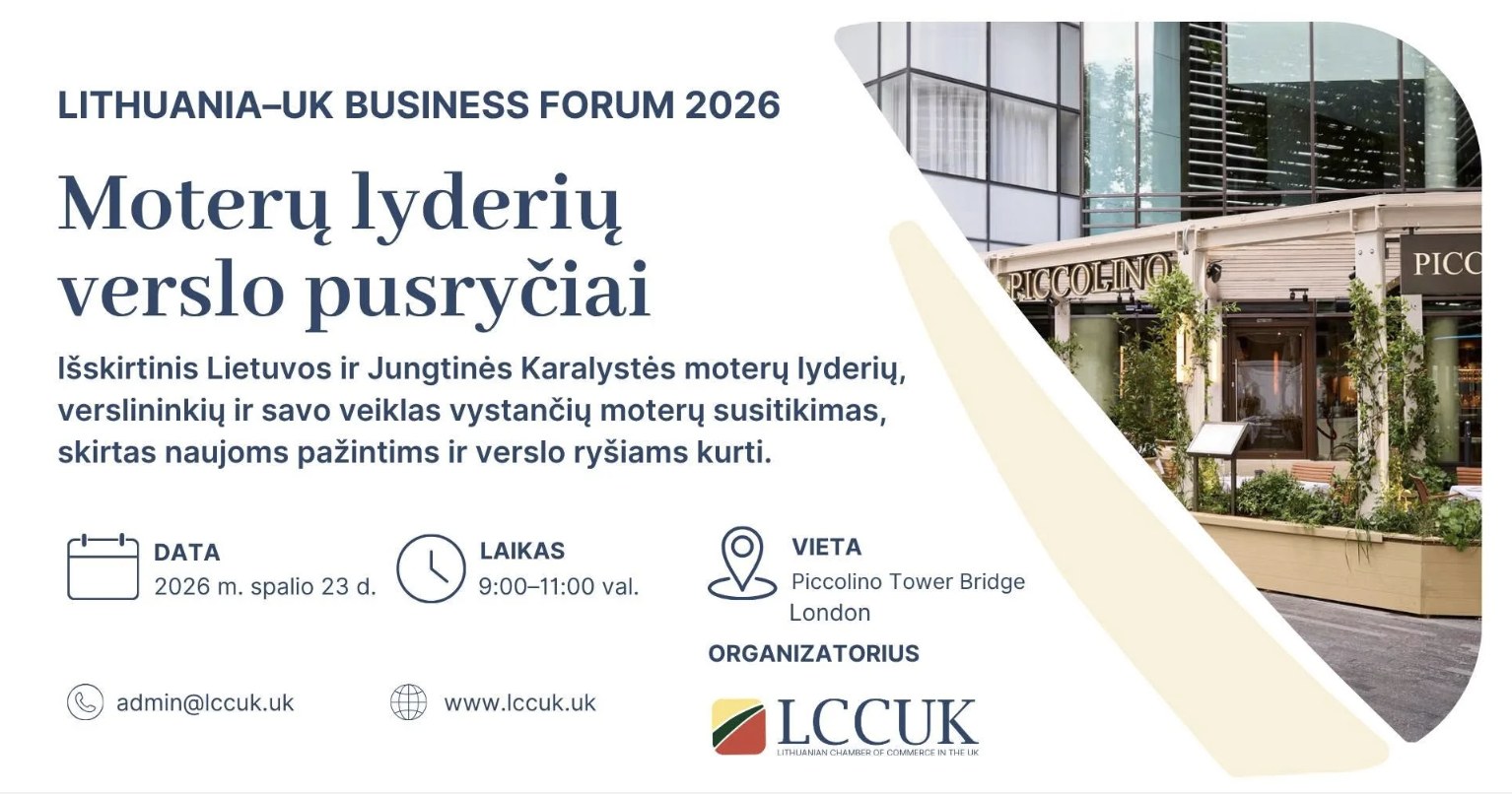 Renginio plakatas: „Lithuania–UK Business Forum 2026. Moterų lyderių verslo pusryčiai“, 2026 m. spalio 23 d., 9.00–11.00 val., Piccolino Tower Bridge, London